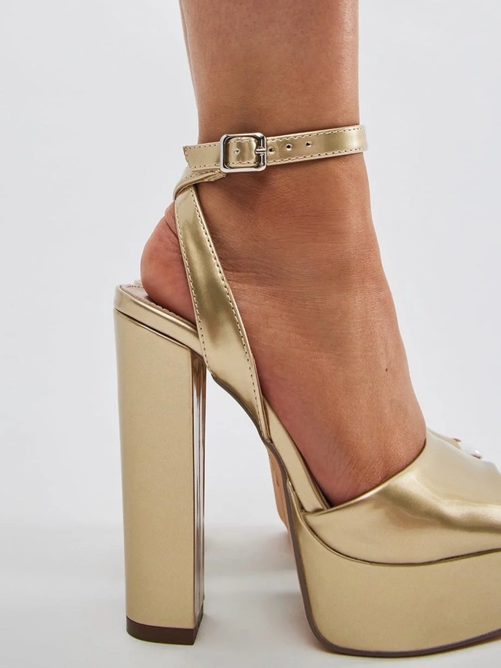Metallic Gold Platform Ankle-Strap Heels - Women's